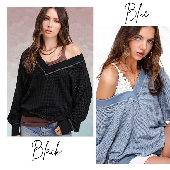 The Willow Waffle Knit Weekend Style V-Neck Sweater Top - Boho Fall Fashion Pick - Picture 4 of 8
